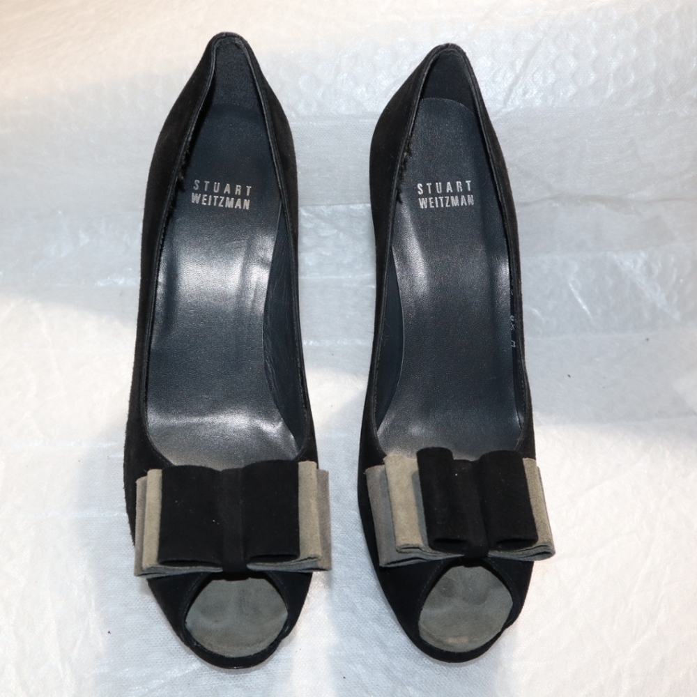 Stuart Weitzman Black and Gray Peep Toe Bow Accents Black - Picture 4 of 10